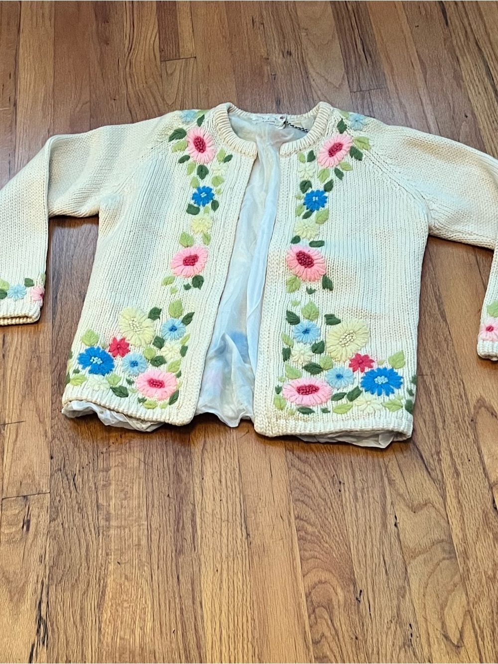 Vintage Cream Cardigan with Pink & Blue Floral Embroidery
